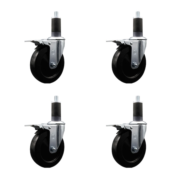 5'' SS Soft Rubber Swivel 1-1/4'' Expanding Stem Caster Set Total Lock Brake, 4PK